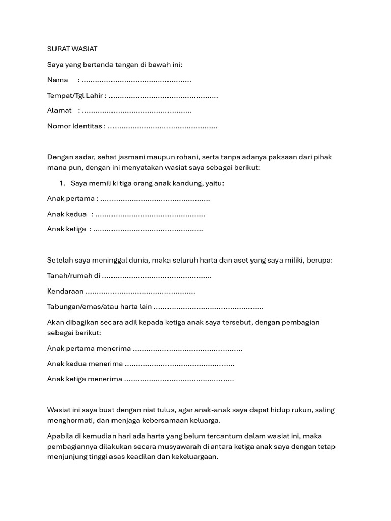 Contoh Surat Wasiat untuk Pembagian Harta | PDF
