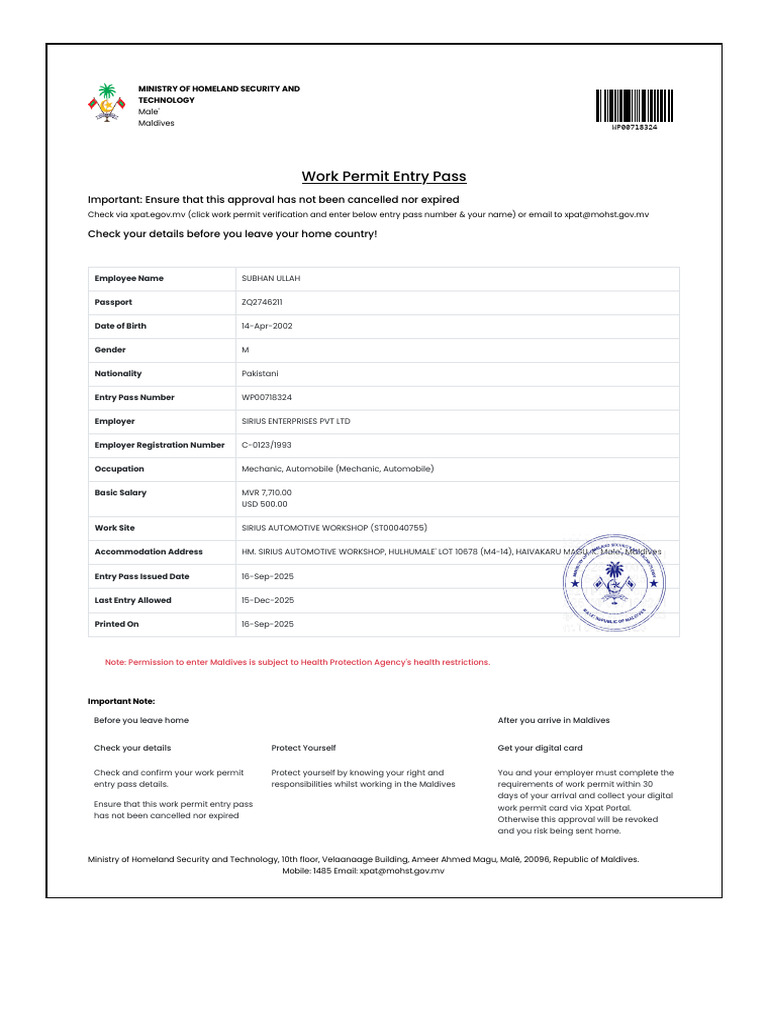 Work Permit Entry Pass Instructions | PDF | Government And Personhood