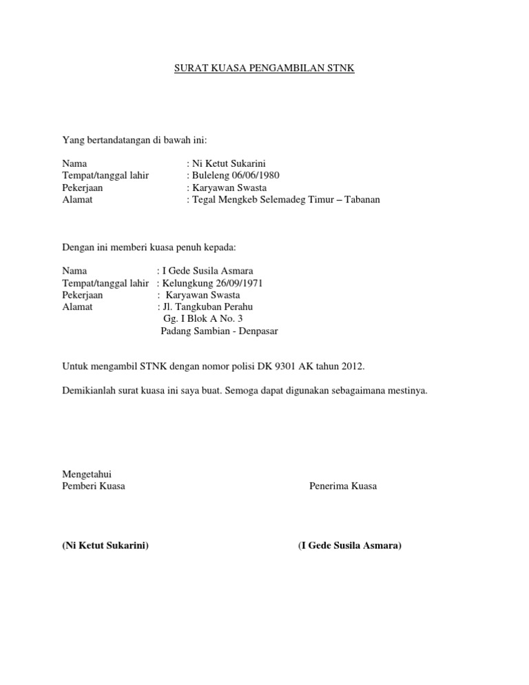 Surat Kuasa Pengambilan Stnk