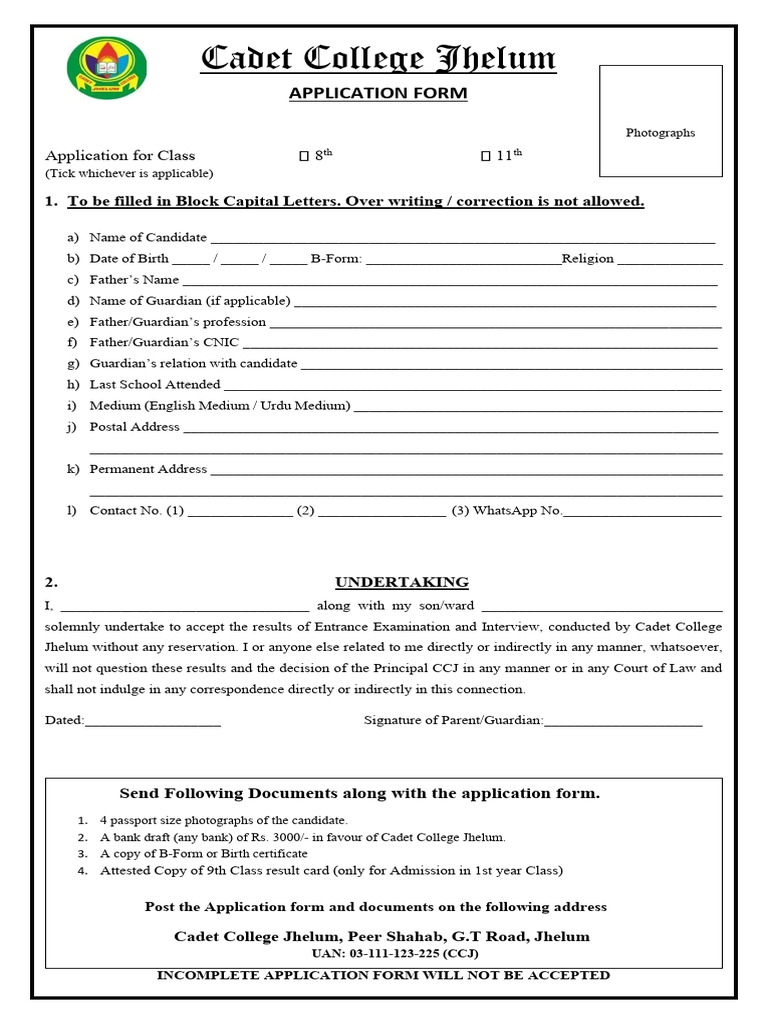 Cadet College Jhelum Admission Form | PDF | Government And Personhood ...
