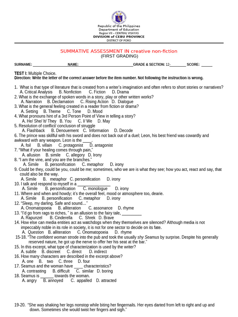 Creative Non-Fiction Assessment Test | PDF