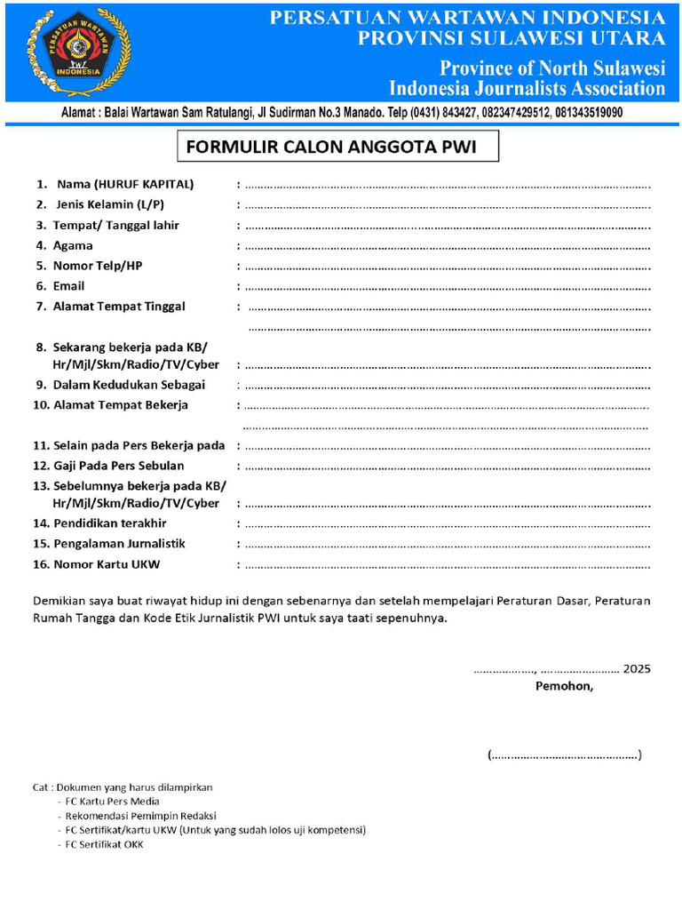 Formulir Calon Anggota PWI Muda - Page-0001 | PDF