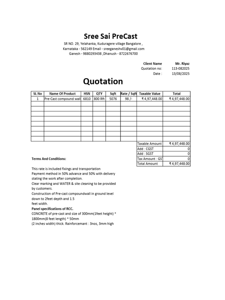 Pre-Cast Compound Wall Quotation | PDF