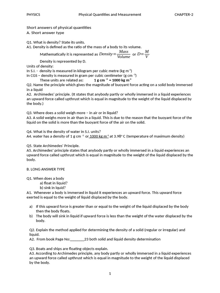Physical Quantities Question Answers | PDF | Buoyancy | Density