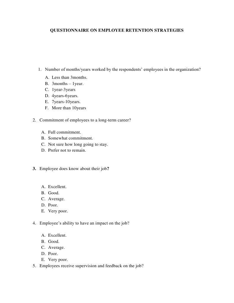 Questionnaire On Employee Retention Strategies | PDF