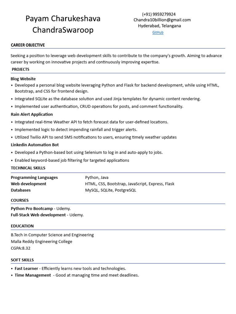 Web Developer Resume with Projects | PDF