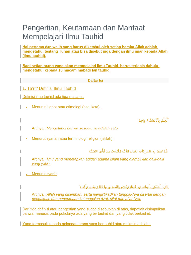Pengertian dan Pembagian Tauhid | PDF