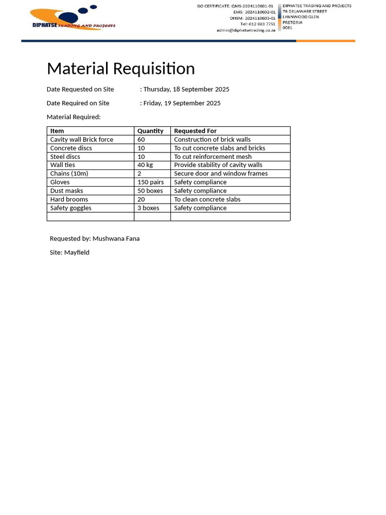 Material Requisition for Construction Site | PDF