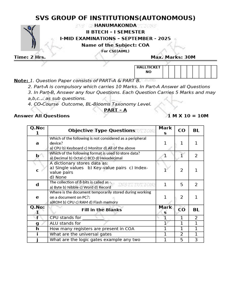 Btech Coa 2-1 Set1 | PDF | Central Processing Unit | Binary Coded Decimal