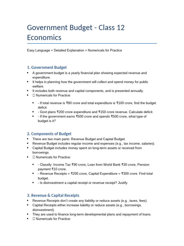 Government Budget Notes Class12 | PDF | Government Budget Balance | Budget