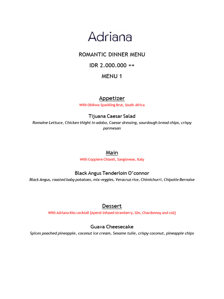Romantic Dinner Menu Options | PDF