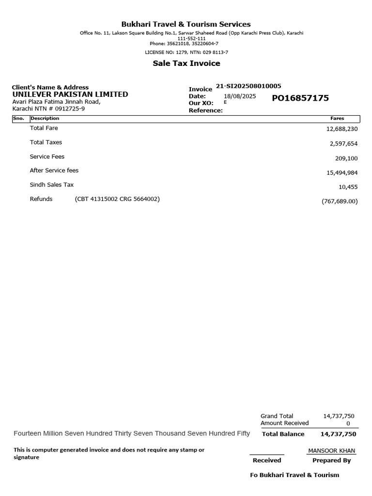 Unilever Pakistan Invoice Summary | PDF | Pakistan