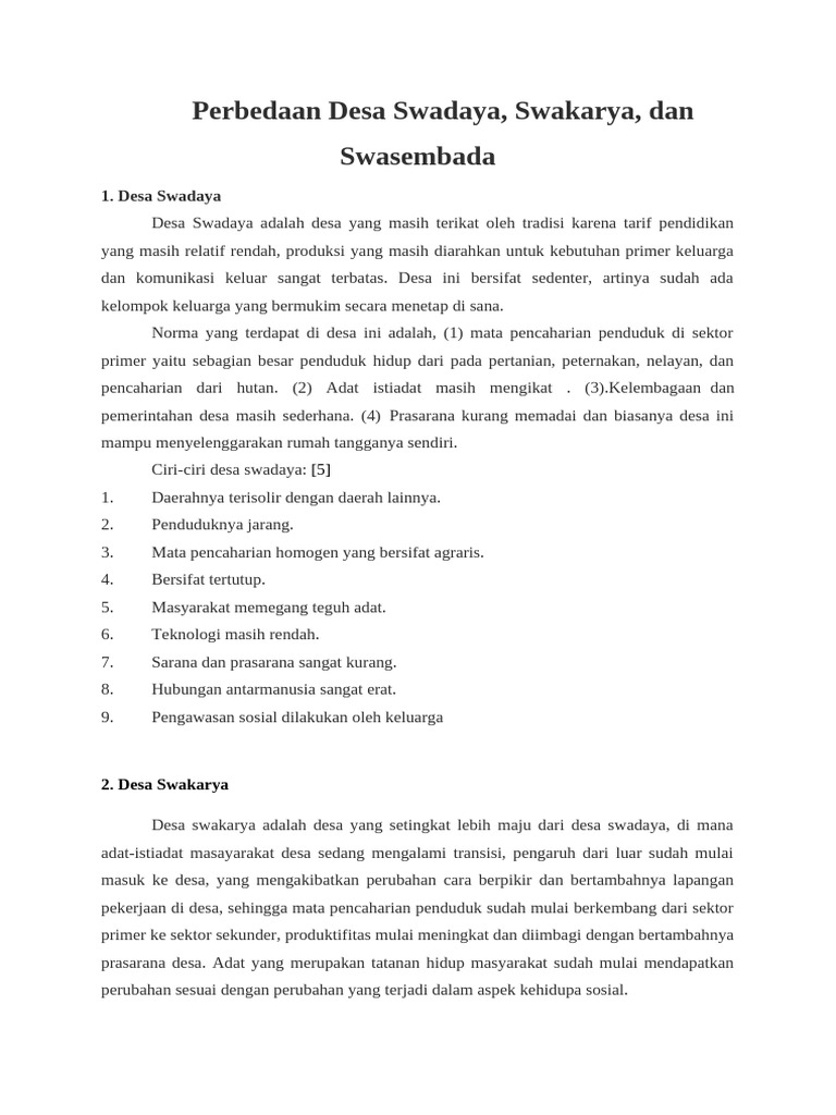Perbedaan Desa Swadaya, Swakarya, Swasembada | PDF
