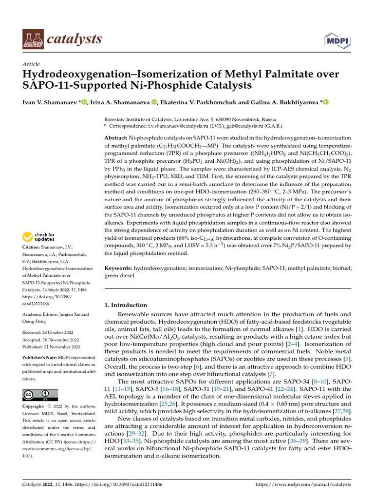 Hydrodeoxygenation-Isomerization of Methyl Palmitate | PDF | Catalysis ...