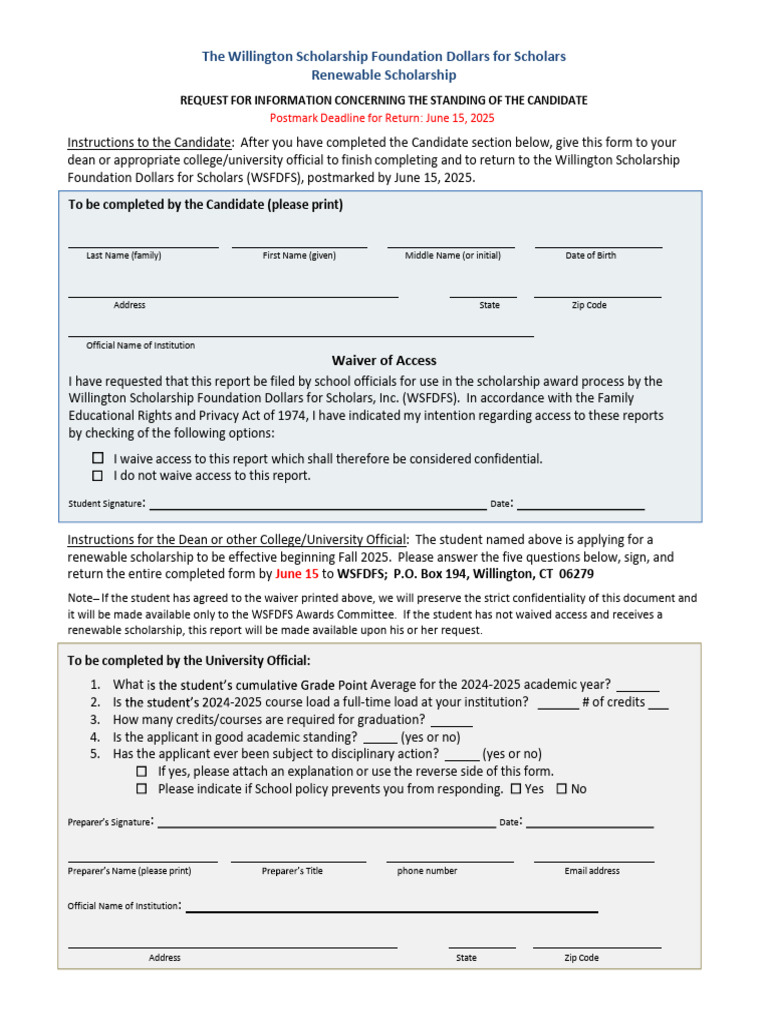 Willington Scholarship Info Request Form | PDF