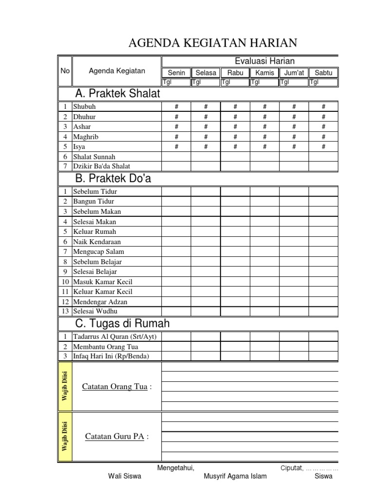Format Agenda Ubudiyyah Harian Siswa Tinggal Diprint Aja Ok 2 Hj Wisnetty Pdf