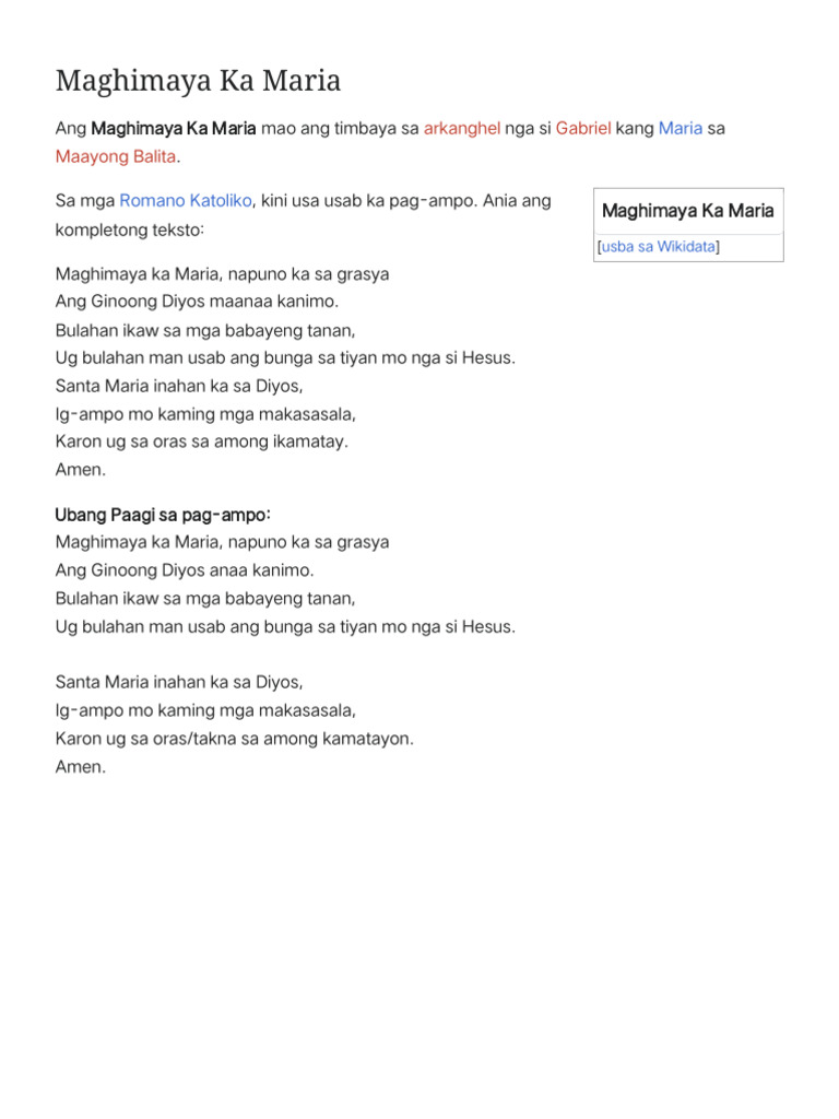 Maghimaya Ka Maria - Wikipedia | PDF