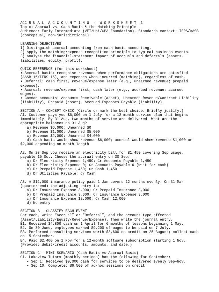 Accrual vs. Cash Accounting Worksheet | PDF | Debits And Credits | Deferral