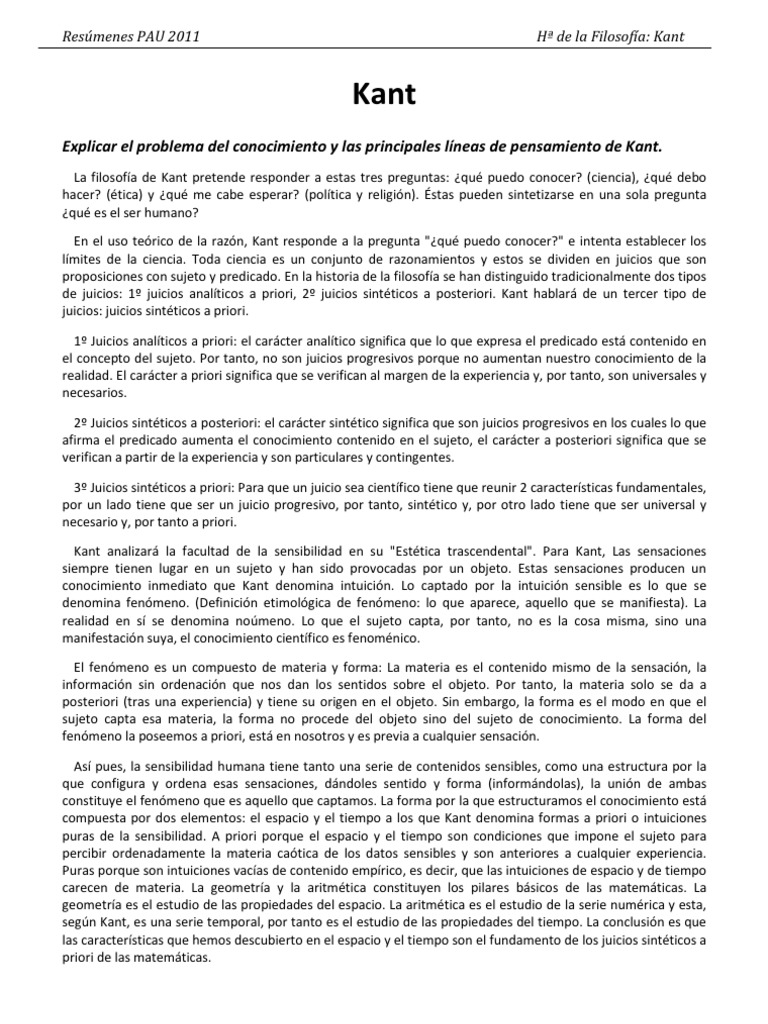 Resumen de Kant para Selectividad | PDF | A priori y a posteriori ...