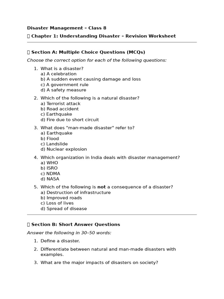 Class 8 Disaster Management Worksheet | PDF