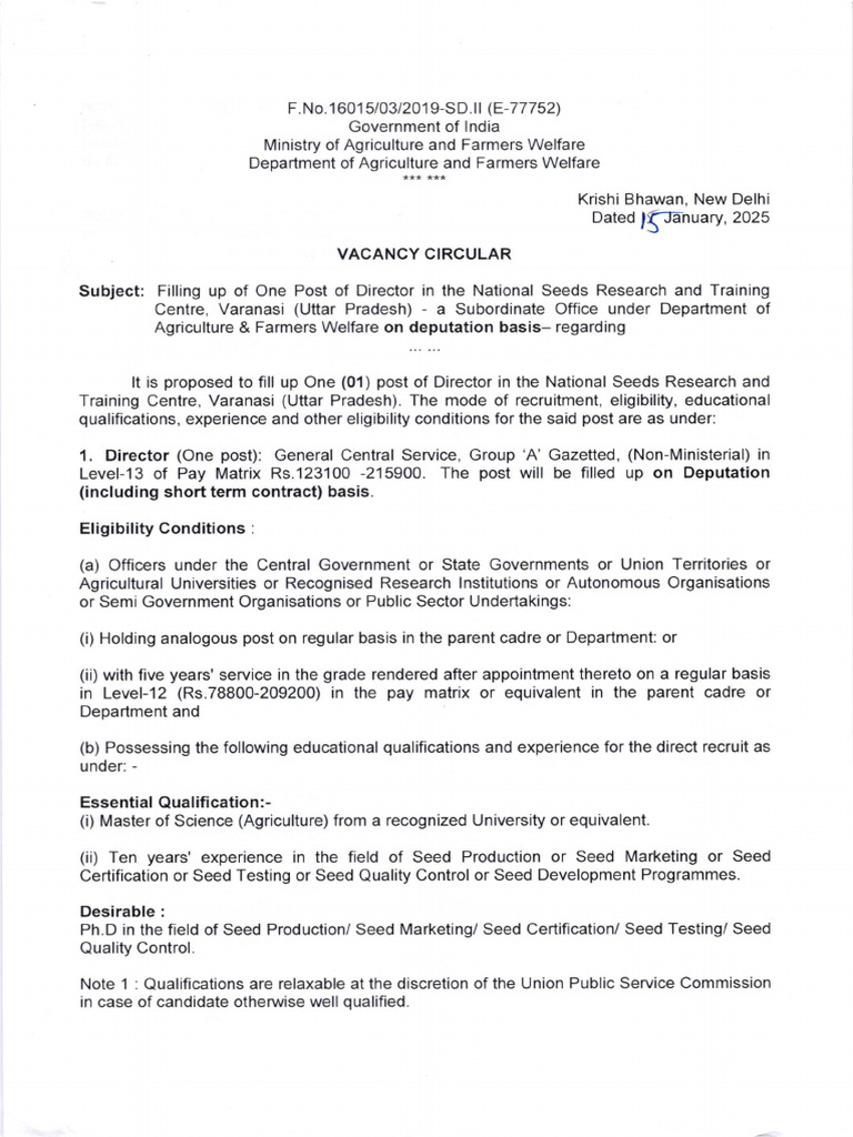 Director Post at National Seeds Centre | PDF