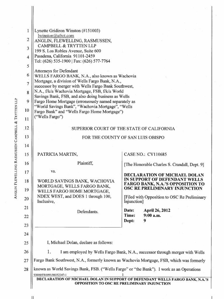 Declaration Of Michael Dolan Of Wells Fargo Bank In Martin V Wells Faro Case Interest Wells Fargo