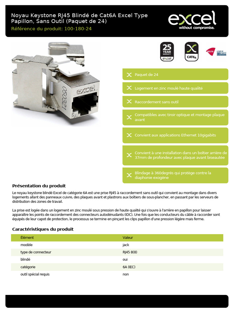 Noyau Keystone RJ45 Cat6A Excel 24 pcs | PDF | Biens manufacturés ...