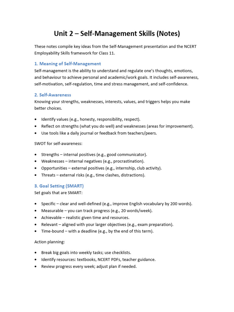 Class 11 Self-Management Skills Notes | PDF | Goal | Time Management