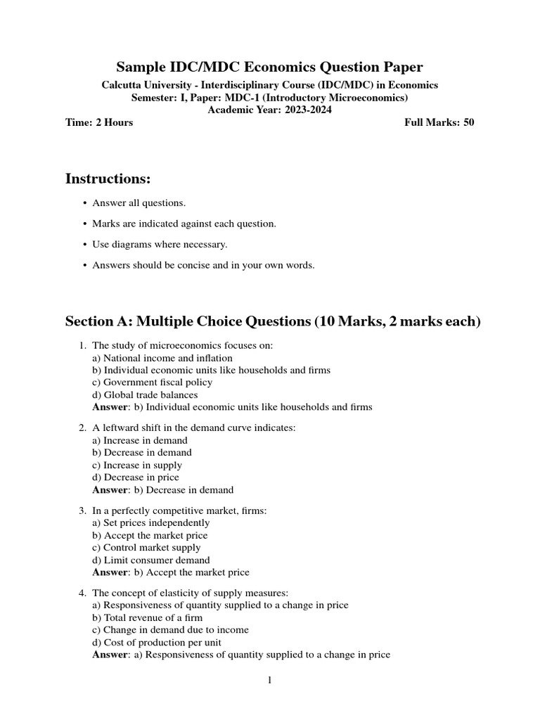 IDC Economics Question Paper 2023-24 | PDF | Demand | Supply (Economics)