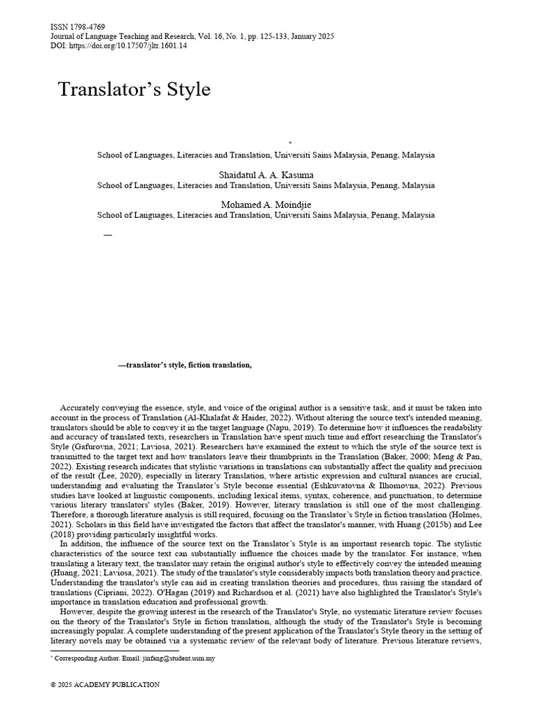 2025 - Translator Style in Fiction Translation A Ten Year Systematic ...