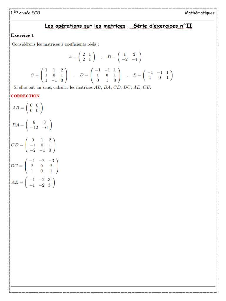 Exercices de Matrices - 1ère année ECO | PDF