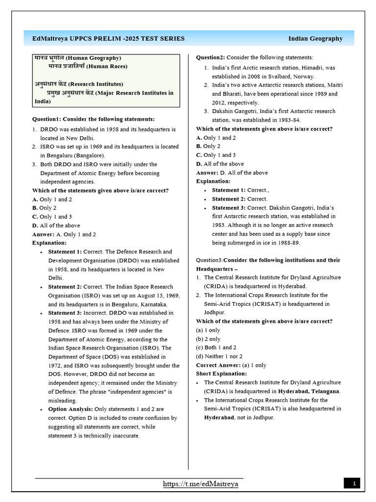 Indian Geography Test - 08 English Solution | PDF | South Asia