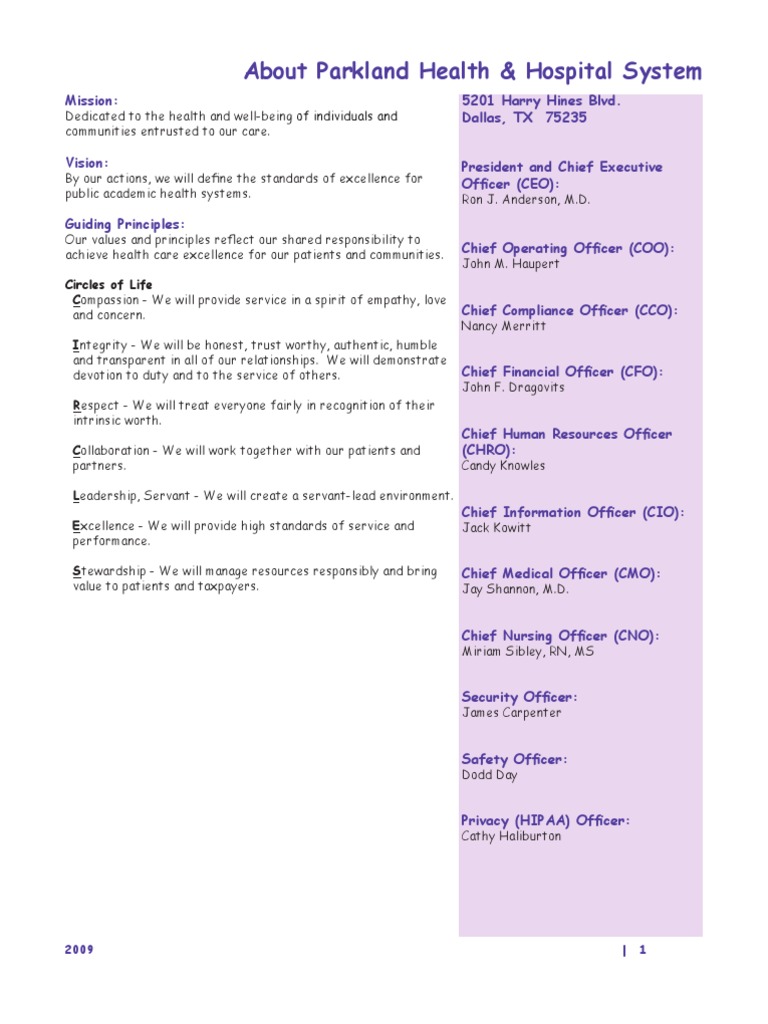 Parkland Purple Book: Directory of Maps, Department, Staff, and Contacts  (2009) | PDF | Organ Donation | Patient