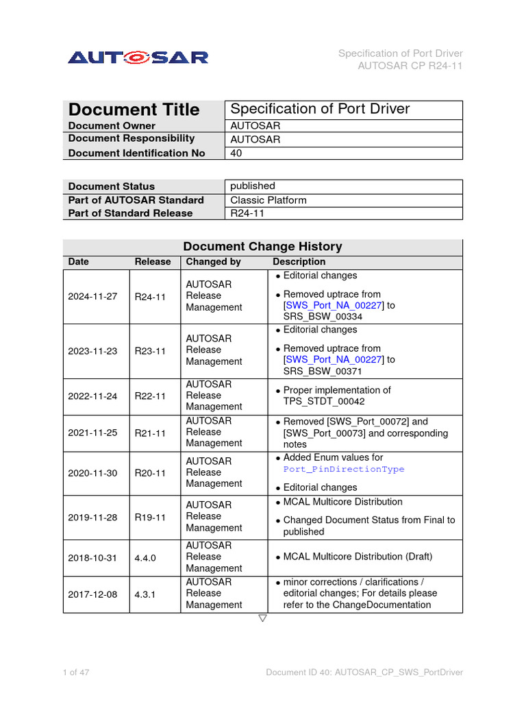 AUTOSAR Port Driver Specification R24-11 | PDF | Microcontroller ...