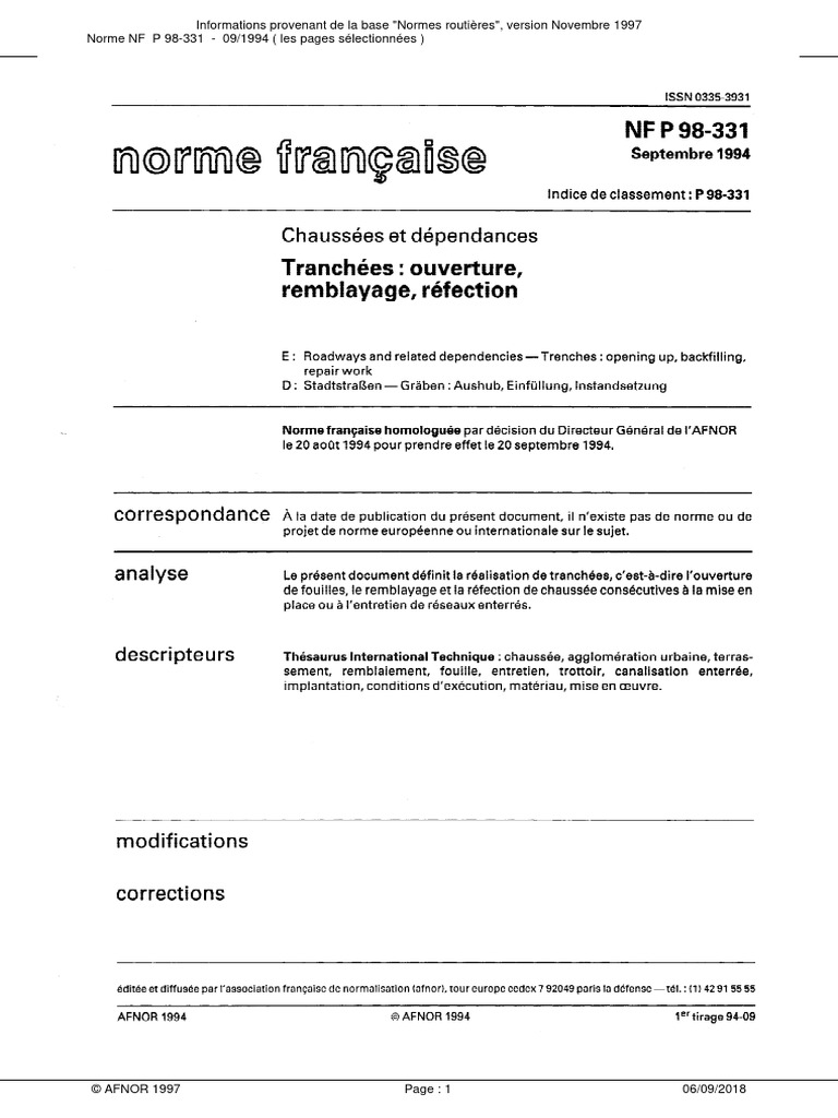 Norme NF P 98-331 - Novembre 1997 | PDF | Organisation internationale ...