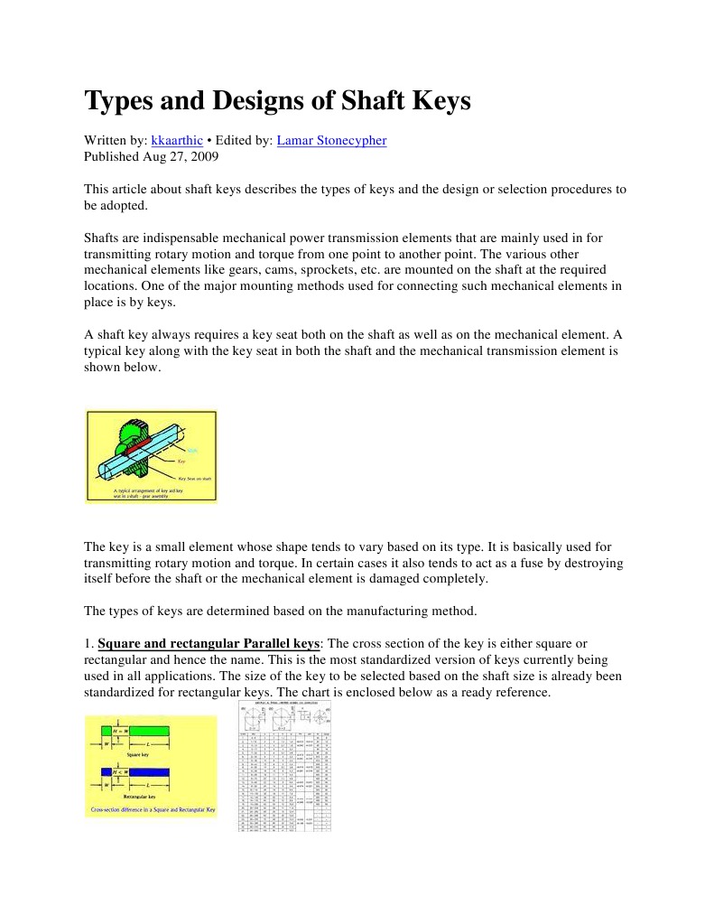 Types and Designs of Shaft Keys PDF Transmission (Mechanics