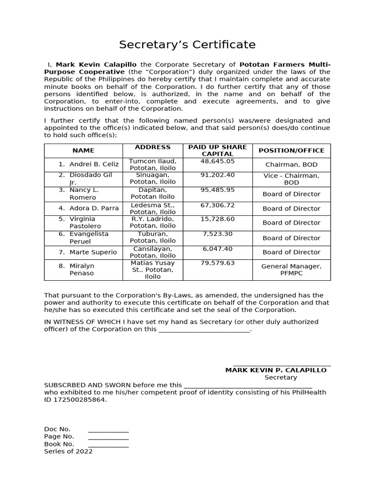Secretary's Certificate for Pototan Cooperative | PDF | Chess Openings ...