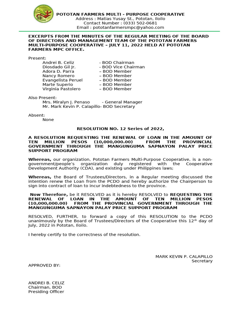Pototan Farmers Cooperative Loan Renewal | PDF