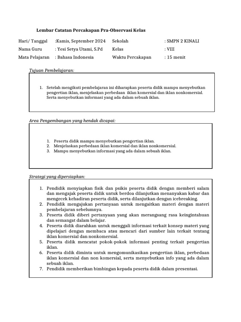 Observasi Kelas Bahasa Indonesia SMPN 2 KINALI | PDF