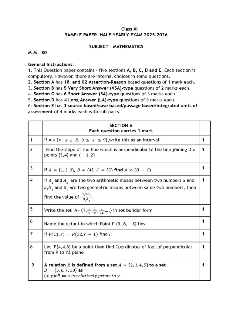 Class XI Mathematics Half-Yearly Exam 2025-2026 | PDF | Triangle ...