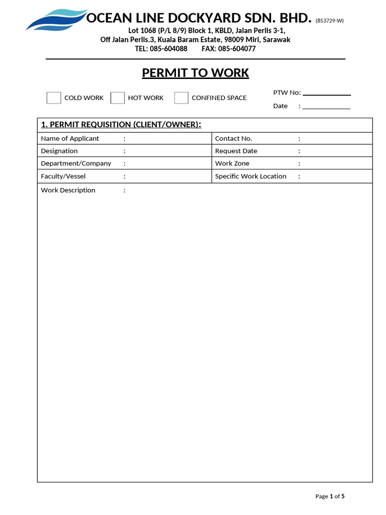 Ocean Line Dockyard Work Permit Template | PDF | Personal Protective ...