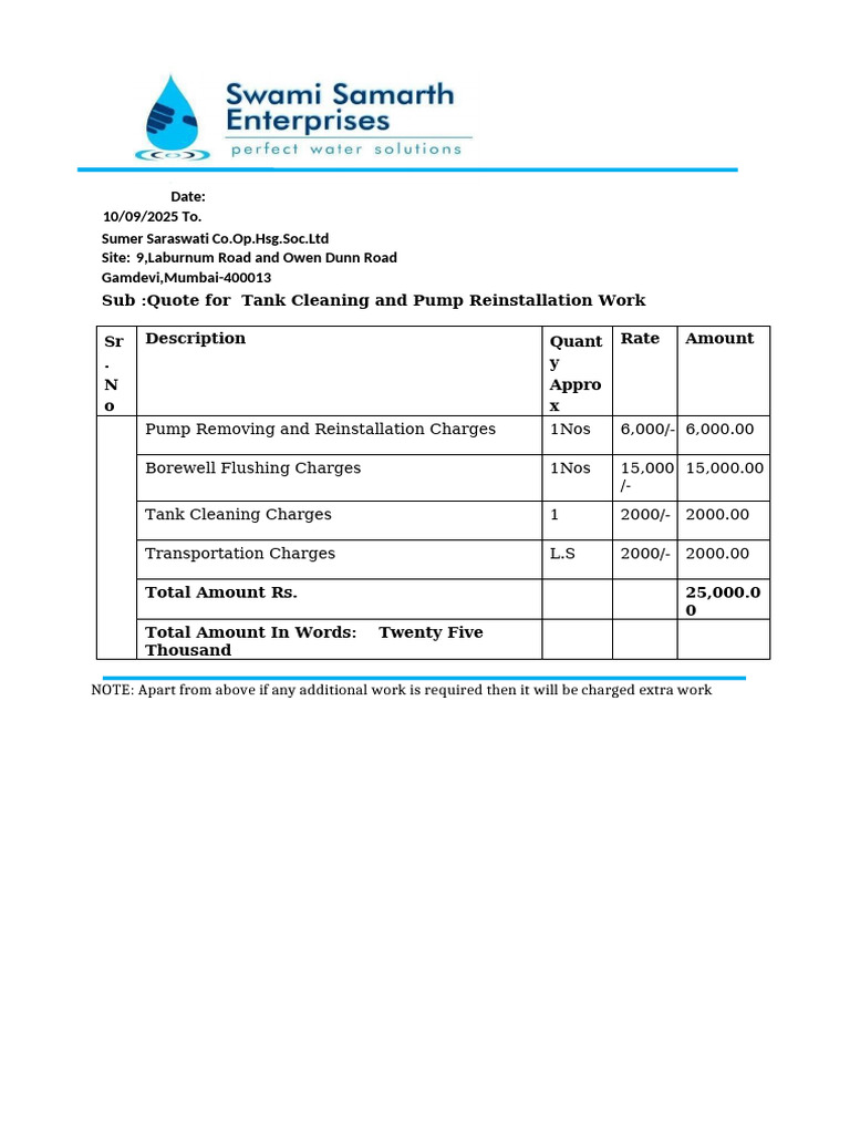 Tank Cleaning & Pump Reinstallation Quote | PDF