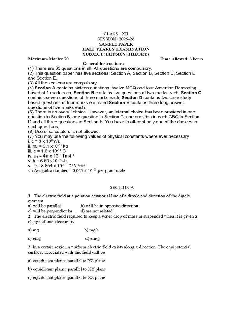 Class 12 Physics Half-Yearly Exam Paper | PDF | Inductor | Capacitance