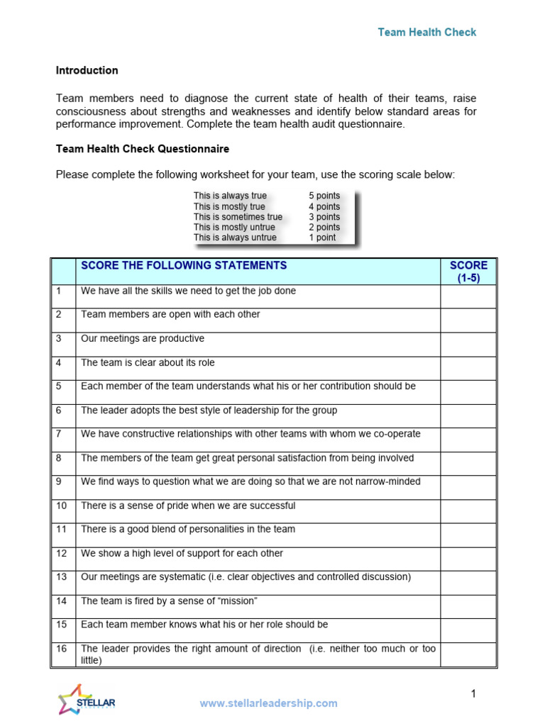 Team Health Check Questionnaire Guide | PDF | Cognition | Social Psychology