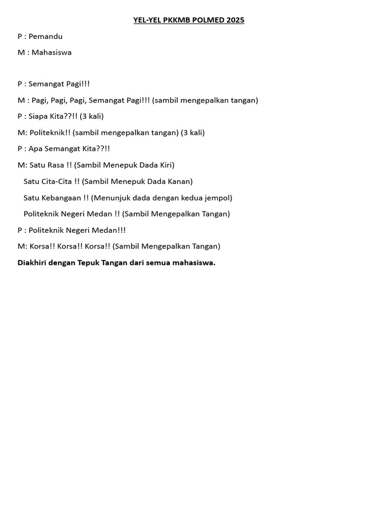 Yel-Yel Semangat PKKMB Polmed 2025 | PDF