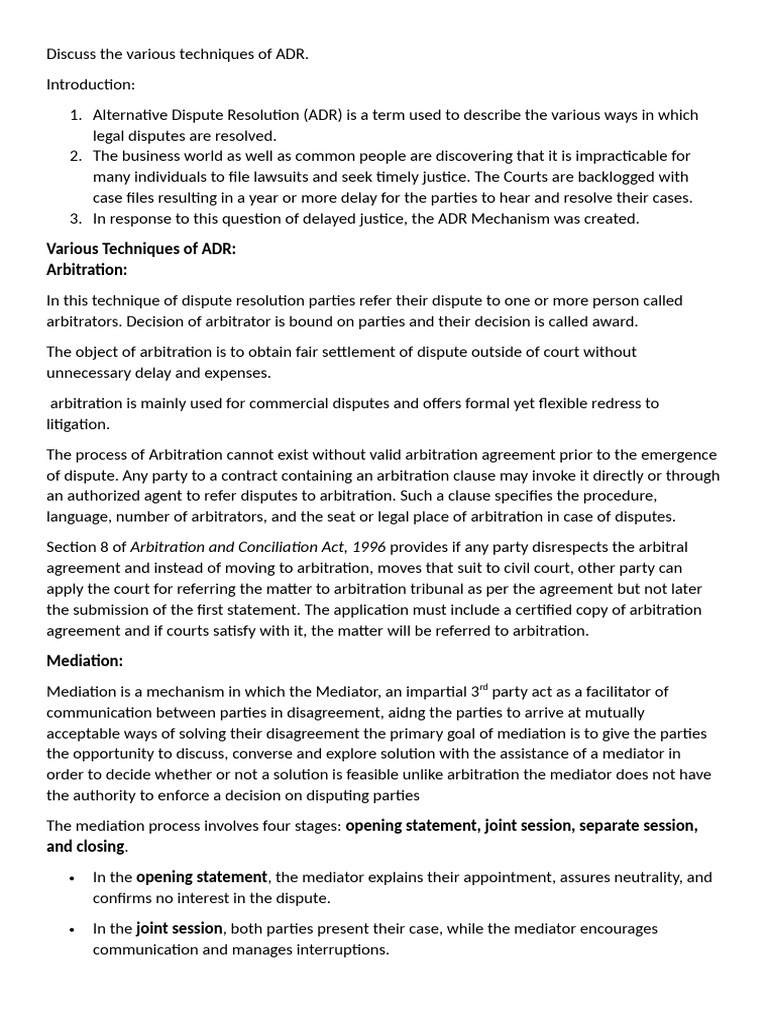 Techniques of Alternative Dispute Resolution | PDF | Alternative ...