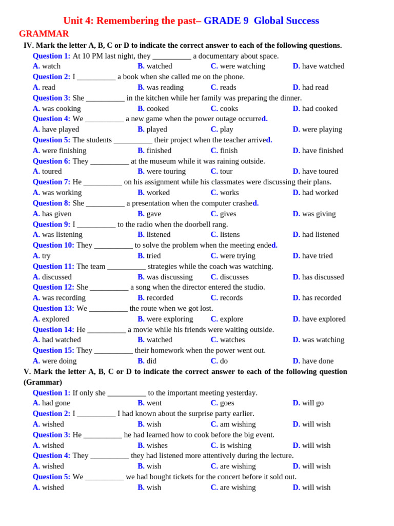 GRAMMAR - Unit 4 Remembering The Past - GRADE 9 Global Success | PDF