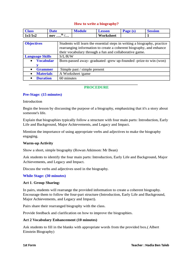Lesson Plan How To Write A Biography | PDF | Lesson Plan | Learning