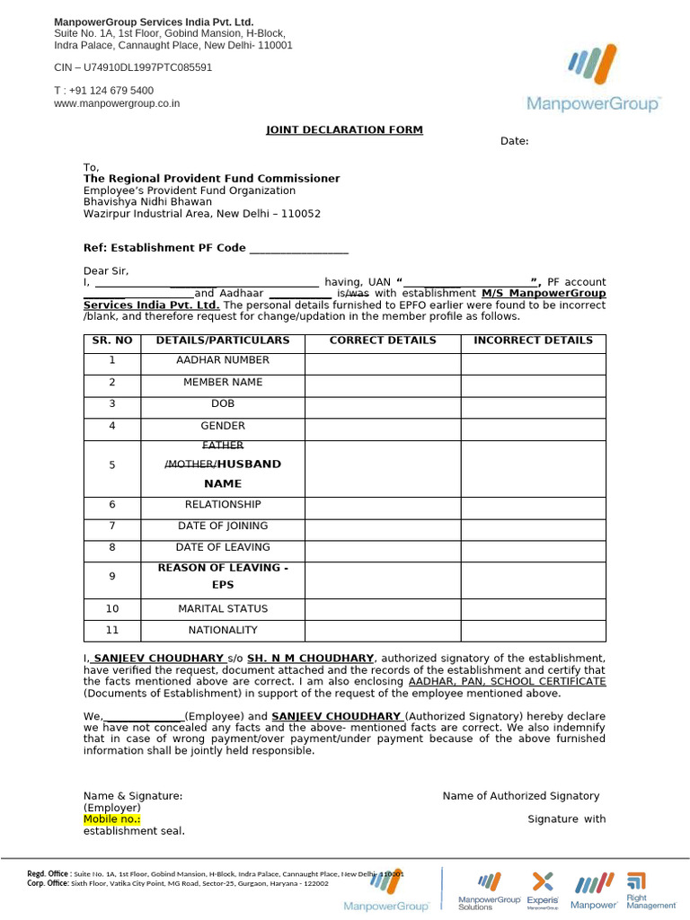 Joint Declaration Form for PF Update | PDF | Government Of India ...