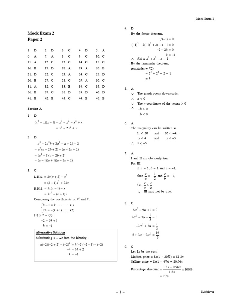 Mathematics Mock Exam Solutions | PDF | Chess | Chess Theory